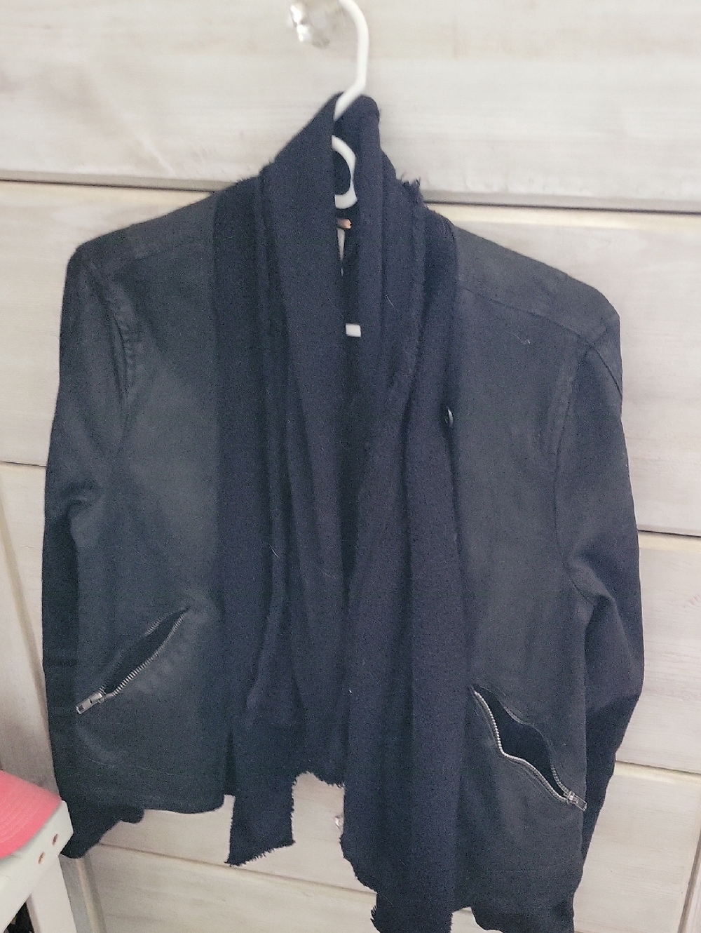 Black Moto waxed jacket with  Collar  Soft Knit Detail